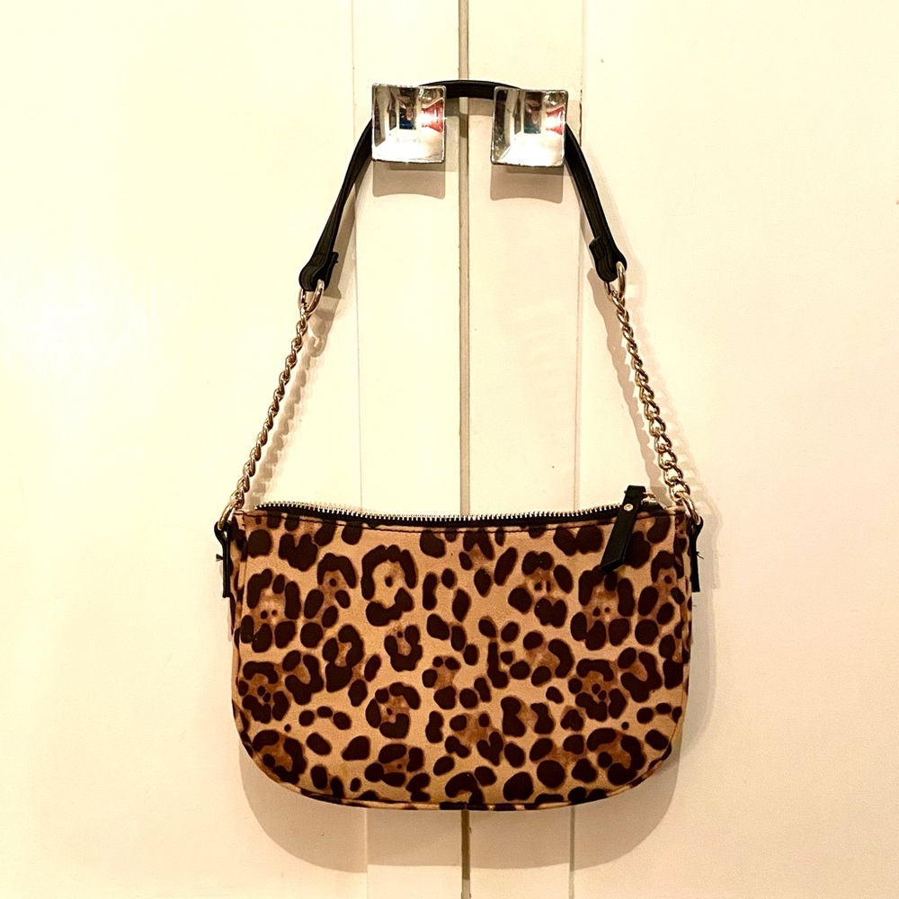 Faux Leopard Suede Purse with Imitation Gold Chain Strap